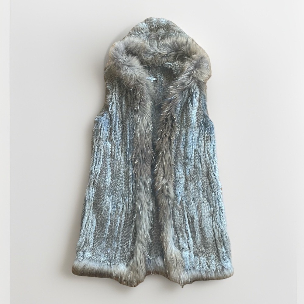 Tempo Paris Genuine Rabbit And Fox Fur Vest With Hood Size M/L See Measurements